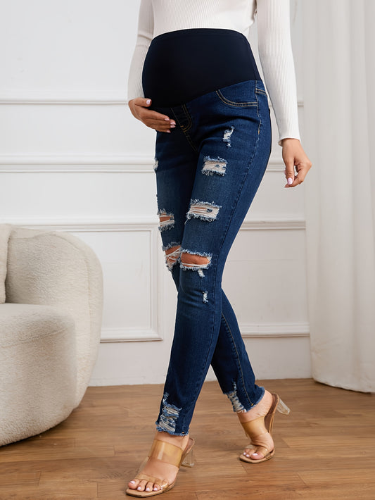 Maternity High Waist Ripped Denim Jeans - Stretchy & Comfortable for All Seasons